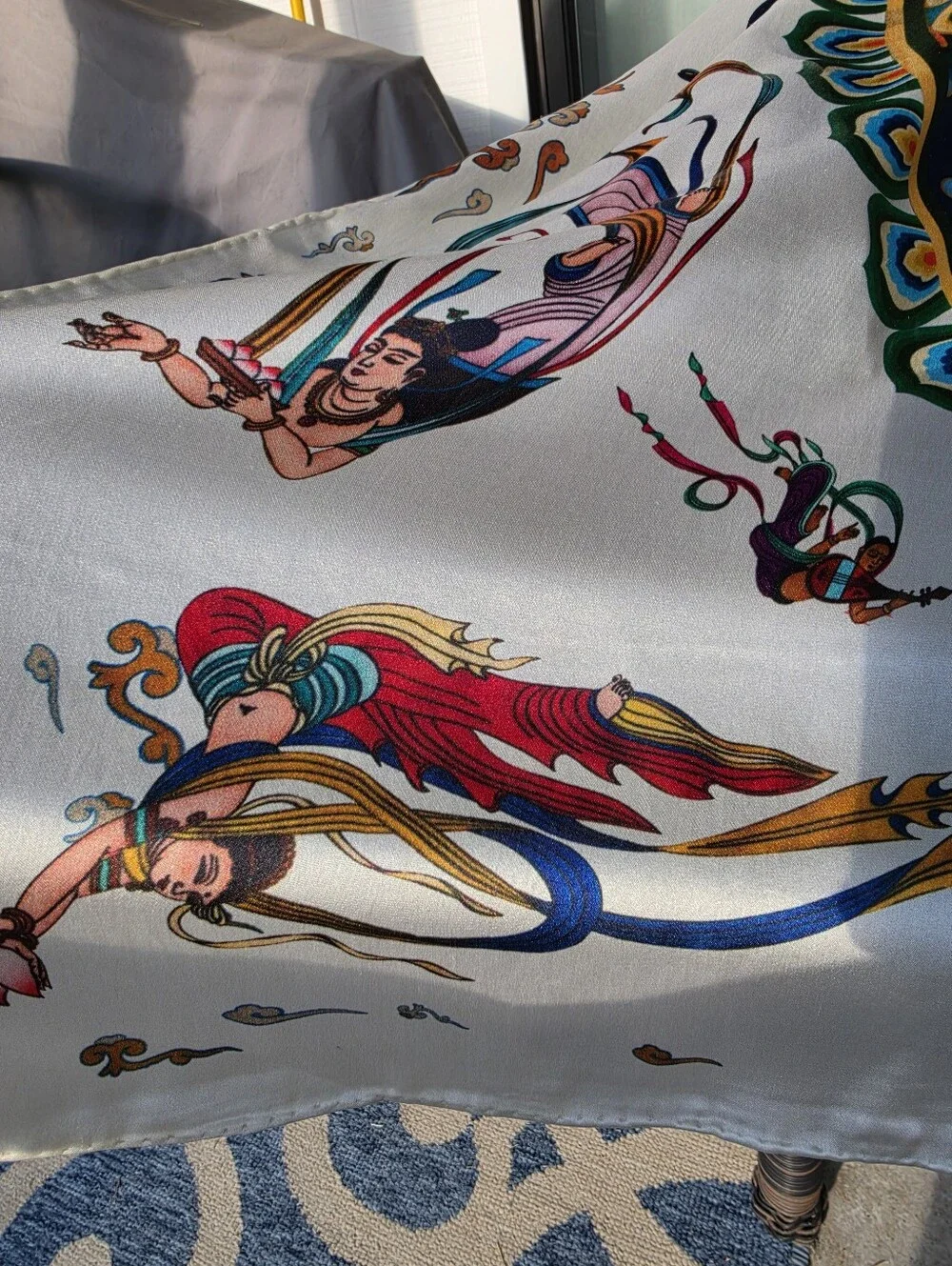 Vintage 100% Silk Scarf Hand Rolled Hem.  DunHuang Art 43x41